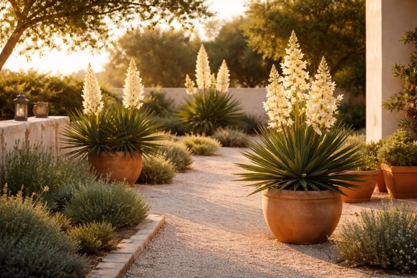 Kompakte Yucca gloriosa mit schwertförmigen Blättern und blühendem Wuchs im Sommer.