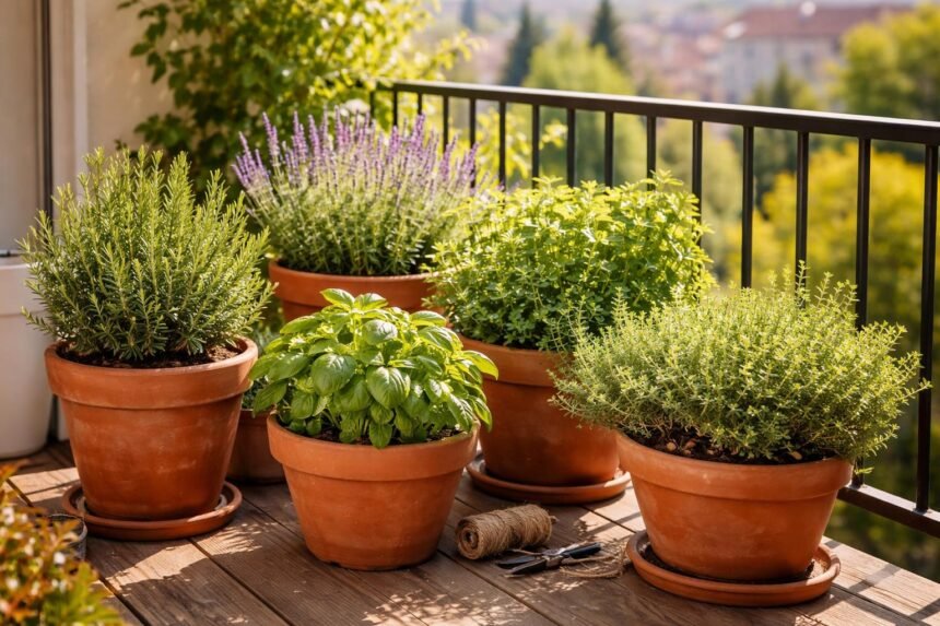 - Mediterrane Kräuter auf sonnigem Balkon, robust, aromatisch, pflegeleicht und kompakt.