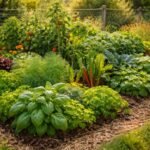 Gärtnerin pflanzt Kräuter neben Gemüse in einem bunten Beet im Garten