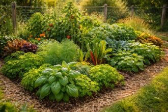 Gärtnerin pflanzt Kräuter neben Gemüse in einem bunten Beet im Garten