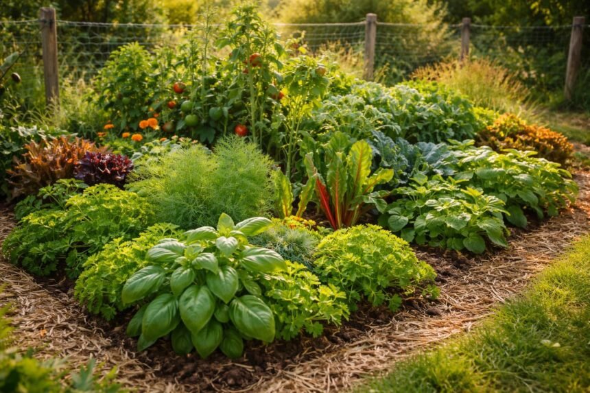 Gärtnerin pflanzt Kräuter neben Gemüse in einem bunten Beet im Garten