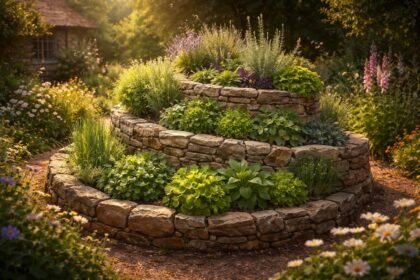 Eine Kräuterspirale zeigt verschiedene Lebensräume und Klimazonen auf kleinem Gartenraum