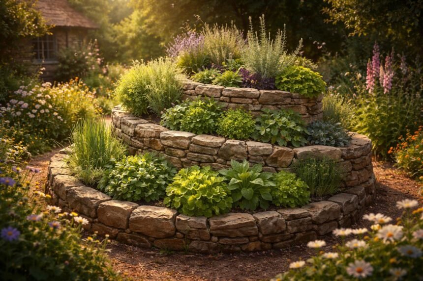 Eine Kräuterspirale zeigt verschiedene Lebensräume und Klimazonen auf kleinem Gartenraum
