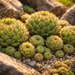 Kugel-Hauswurz Sempervivum globiferum im Steingarten, robuste Rosetten, Sonnenliebe, Tochterrosetten sichtbar