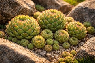 Kugel-Hauswurz Sempervivum globiferum im Steingarten, robuste Rosetten, Sonnenliebe, Tochterrosetten sichtbar