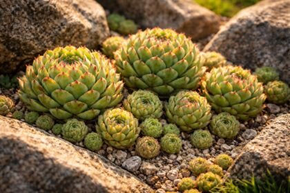 Kugel-Hauswurz Sempervivum globiferum im Steingarten, robuste Rosetten, Sonnenliebe, Tochterrosetten sichtbar