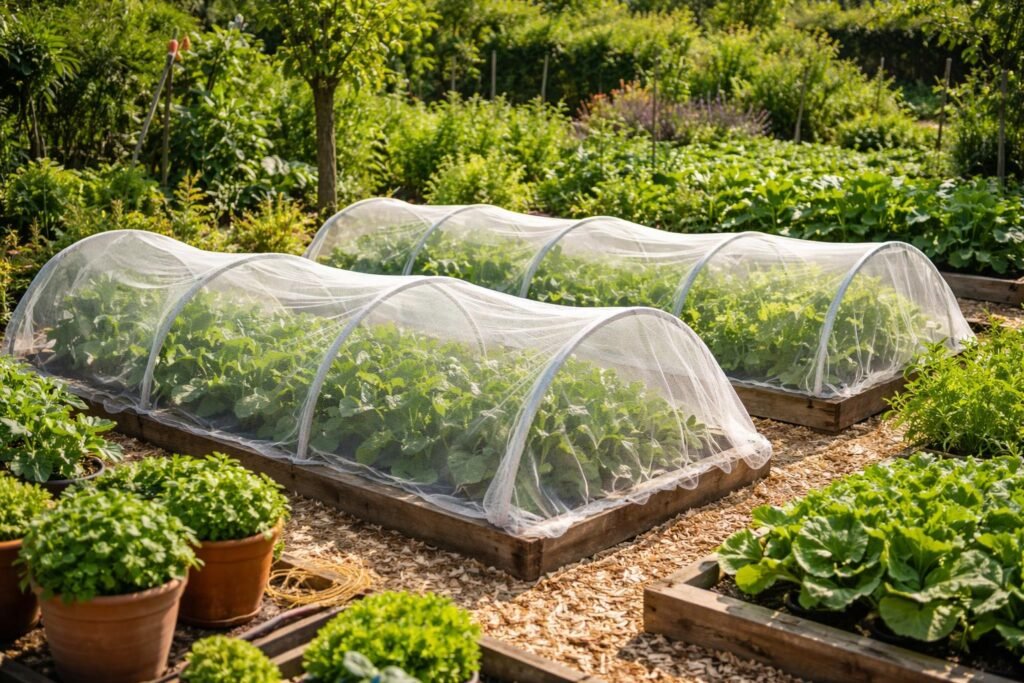 Natürlicher Pflanzenschutz im Küchengarten – 5 schonende Methoden gegen Schädlinge Küchengarten mit Kulturschutznetzen über Obst und Gemüse, Schädlinge bleiben fern.