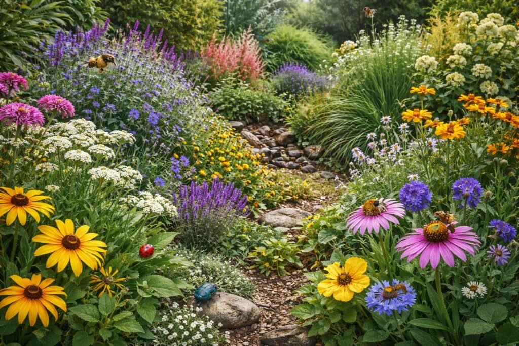 Bunte Pflanzen schaffen Lebensraum und Nahrung für nützliche Insekten im Garten.