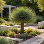 - Yucca linearifolia im Garten, feine grasartige Blätter, kugelige Krone, exotischer Wüstenlook