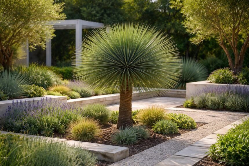Linearblättrige Palmlilie (Yucca linearifolia): Pflege, Pflanzung und Winterschutz - Yucca linearifolia im Garten, feine grasartige Blätter, kugelige Krone, exotischer Wüstenlook