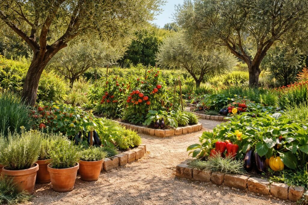 Bunte Gemüsevielfalt im mediterranen Garten unter sengender Sonne und staubigem Lehmboden im Frühjahr