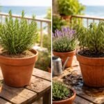 - Mediterrane Kräuter in Kübeln unter Sonnenlicht, trockene Erde, vorsichtig gießen.