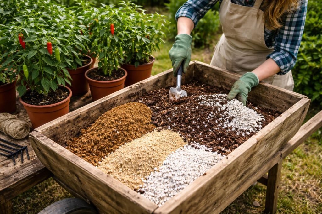 Welche Erde eignet sich für Chilipflanzen? - Frisch gemischte Chili-Erde ideal, nährstoffreich, gut drainiert, pH-neutral, feinkörnig, wasserhaltefähig.