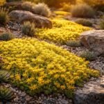 Gelbe Blüten des Sedum sexangulare leuchten im sonnigen Steingarten und akzentuieren Steine.