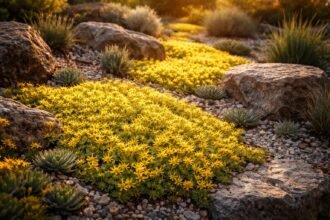 Gelbe Blüten des Sedum sexangulare leuchten im sonnigen Steingarten und akzentuieren Steine.