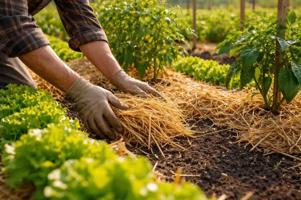 Richtig gießen bei Hitze: So bleibt dein Gemüsegarten auch bei Trockenheit gesund - Mulchen schützt Boden vor Austrocknung; richtiges Gießen bei Hitze bewahrt Gemüse.