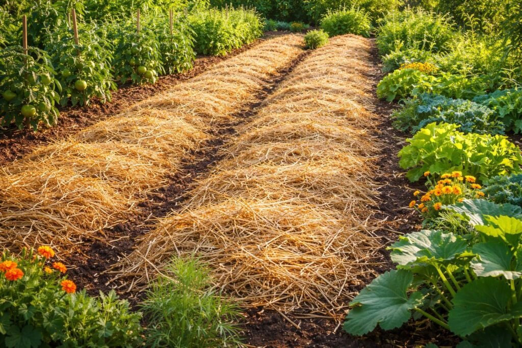 Strohmulch bedeckt Beetboden schützt vor Hitze und Austrocknung, erhält Feuchtigkeit