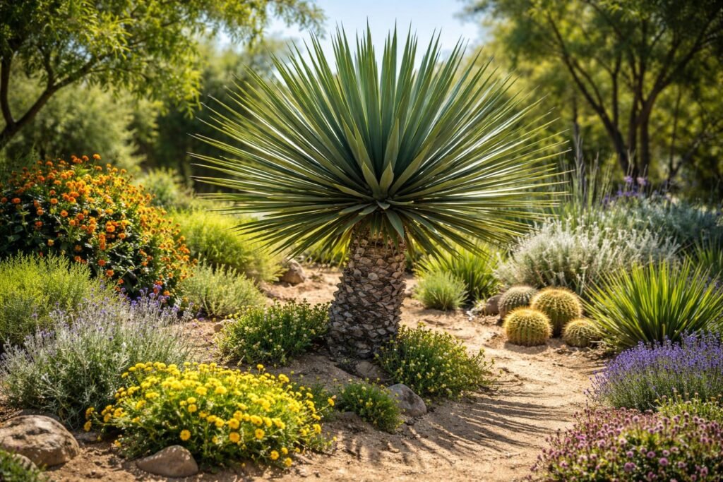 Trecul-Palmlilie (Yucca treculeana): Standort, Gießen und Überwinterung richtig meistern Yucca treculeana in sonniger Pflanzung, optimale Pflege ermöglicht kräftiges Wachstum der Pflanze.