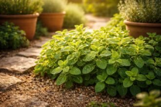 Frisch grüne Oregano-Pflanze im Sonnenlicht, intensiver Duft über dem Kräutergarten, mediterran.