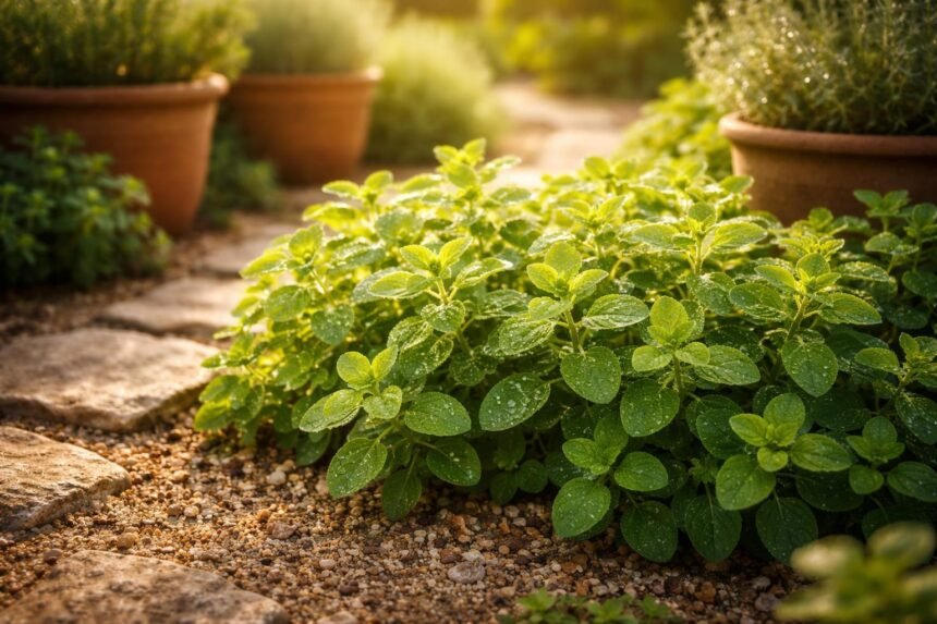 Oregano pflegen – der ideale Standort für ein intensives Aroma Frisch grüne Oregano-Pflanze im Sonnenlicht, intensiver Duft über dem Kräutergarten, mediterran.