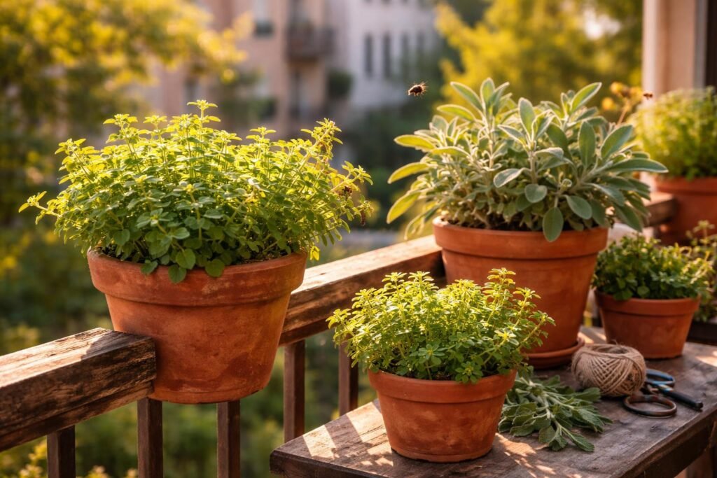 - Oregano- und Salbeikräuter wachsen in sonnigen Balkonkübeln, grün und würzig.