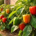 - Farbenfrohe Paprika im Freiland wachsen bei Sonne, Wärme, Pflege und regelmäßiger Bewässerung.