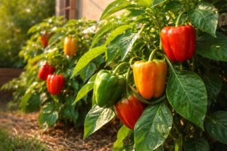 - Farbenfrohe Paprika im Freiland wachsen bei Sonne, Wärme, Pflege und regelmäßiger Bewässerung.
