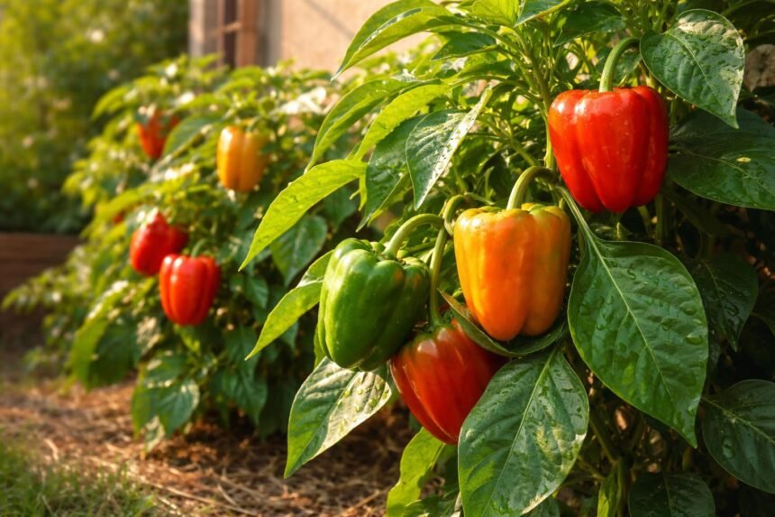 - Farbenfrohe Paprika im Freiland wachsen bei Sonne, Wärme, Pflege und regelmäßiger Bewässerung.