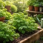 Frische Petersilie im Topf und Beet, Saat, Pflege und Erntebereiche sichtbar.