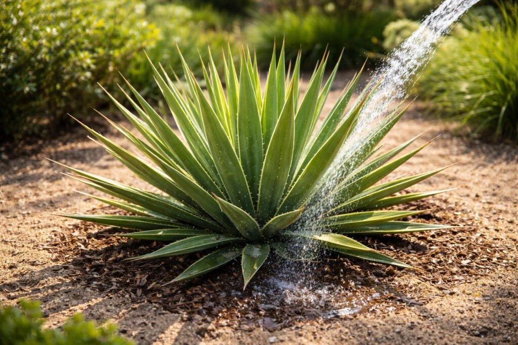 Nahaufnahme Yucca filamentosa im Garten, trockene Erde, gespannte Wurzeln, Gießbedarf sichtbar
