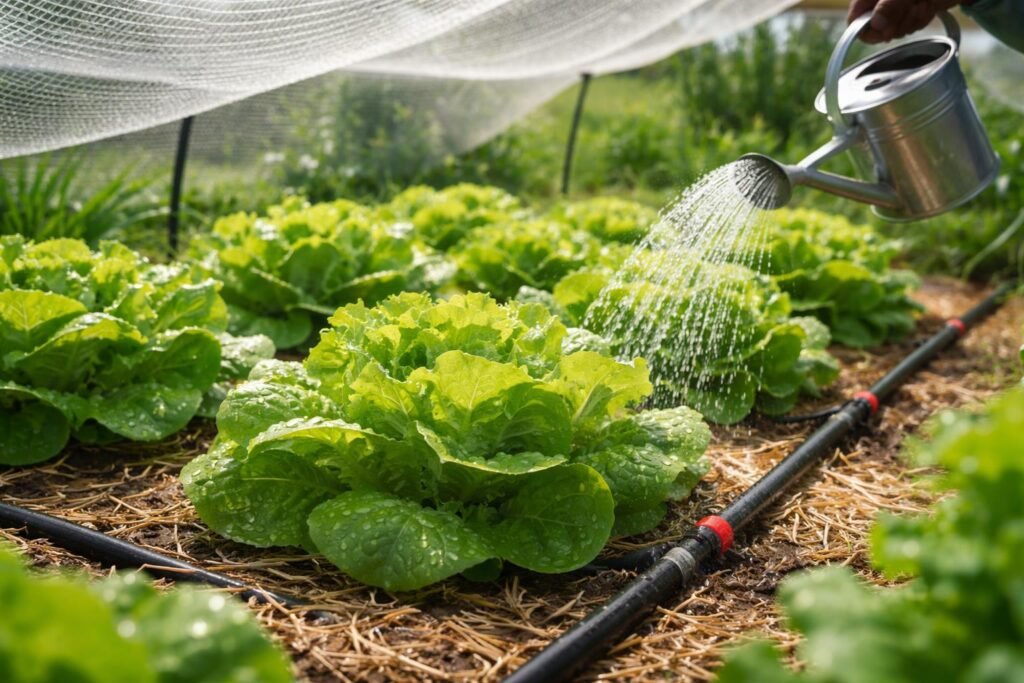 Gärtner gießt Salat im sonnigen Beet, um knackig frische Köpfe zu schützen