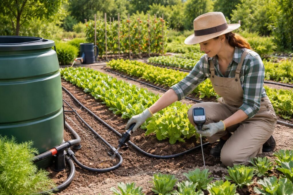 Gartenbeet mit Tröpfchenbewässerung und Mulch schützt vor Trockenheit im Dürresommer