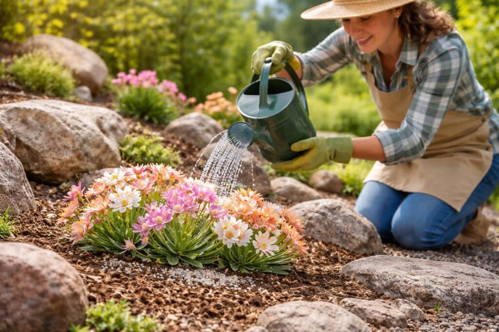Lewisia cotyledon, richtige Bewässerung und Düngung fördern üppige Blüte im Beet.