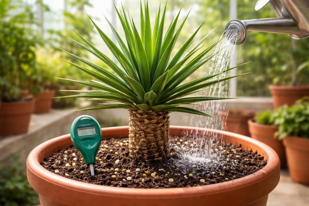 Nahaufnahme einer Yucca queretaroensis beim richtigen Gießen und Düngen für gesundes Wachstum