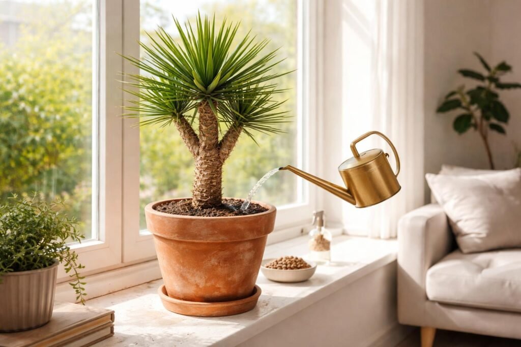 Josua-Palmlilie (Yucca brevifolia): Pflege, Standort und Überwinterung im Kübel - Yucca im Kübel pflegen: Gießen, Düngen, Standort beachten, Überwinterung klären, Luftfeuchtigkeit prüfen.