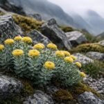 - Robuste Rosenwurz Pflanze Rhodiola rosea im Steingarten, fleischige Blätter, gelbliche Blüten.