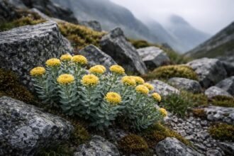- Robuste Rosenwurz Pflanze Rhodiola rosea im Steingarten, fleischige Blätter, gelbliche Blüten.