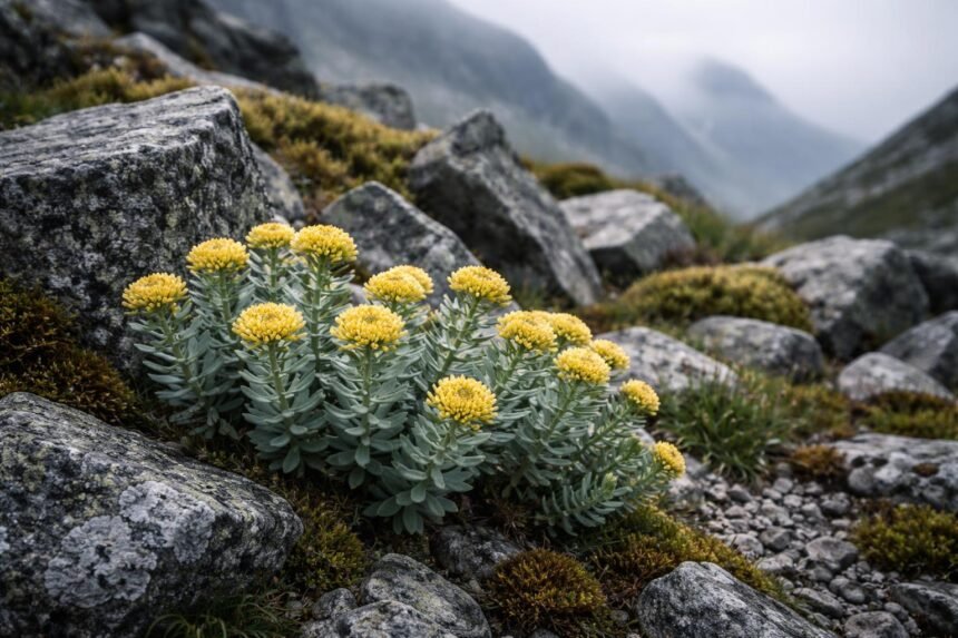 Rosenwurz (Rhodiola rosea): Pflege der außergewöhnlichen Sukkulente für den Steingarten - Robuste Rosenwurz Pflanze Rhodiola rosea im Steingarten, fleischige Blätter, gelbliche Blüten.