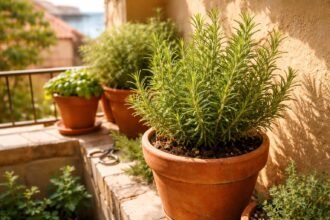 Rosmarin im Topf auf Balkon gedeiht, Duft, mediterranes Flair, Pflege leicht