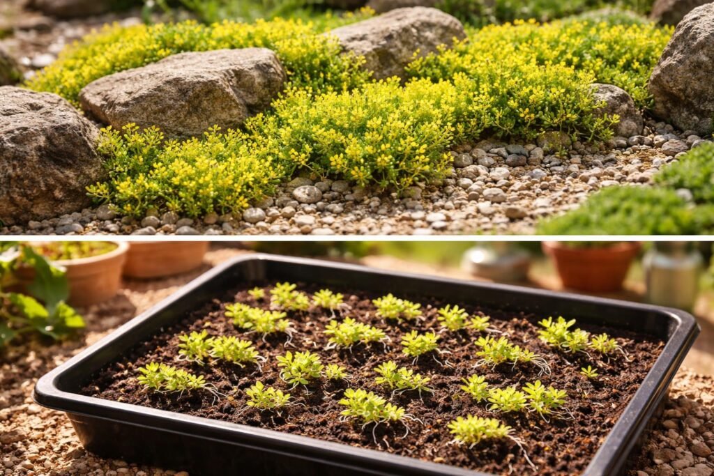 Detailaufnahme von Sedum acre im Steingarten, Vermehrung durch Stecklinge sichtbar.