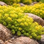Der scharfe Mauerpfeffer Sedum acre steht vor sonnigem Steinbeet mit gelben Blüten.
