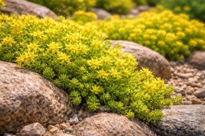 Der scharfe Mauerpfeffer Sedum acre steht vor sonnigem Steinbeet mit gelben Blüten.