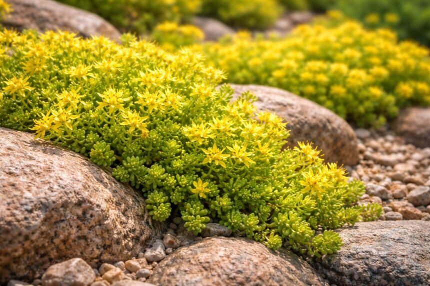 Der scharfe Mauerpfeffer Sedum acre steht vor sonnigem Steinbeet mit gelben Blüten.