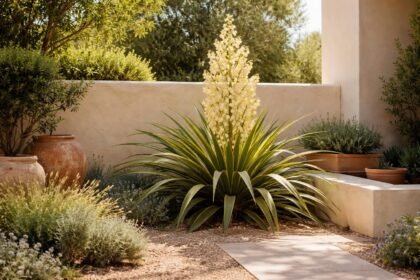 Schlaffe Palmlilie Yucca flaccida vor sonnigem Garten mit mediterranem Flair