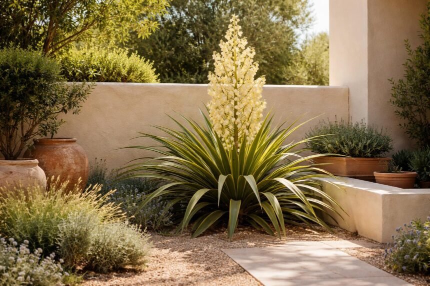 Schlaffe Palmlilie Yucca flaccida vor sonnigem Garten mit mediterranem Flair