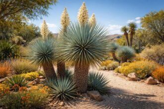 - Schnabel-Palmlilie Yucca rostrata mit silbrig-blauen Blättern, wüstenhaftem Flair, robust und pflegeleicht