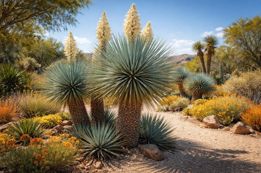 - Schnabel-Palmlilie Yucca rostrata mit silbrig-blauen Blättern, wüstenhaftem Flair, robust und pflegeleicht