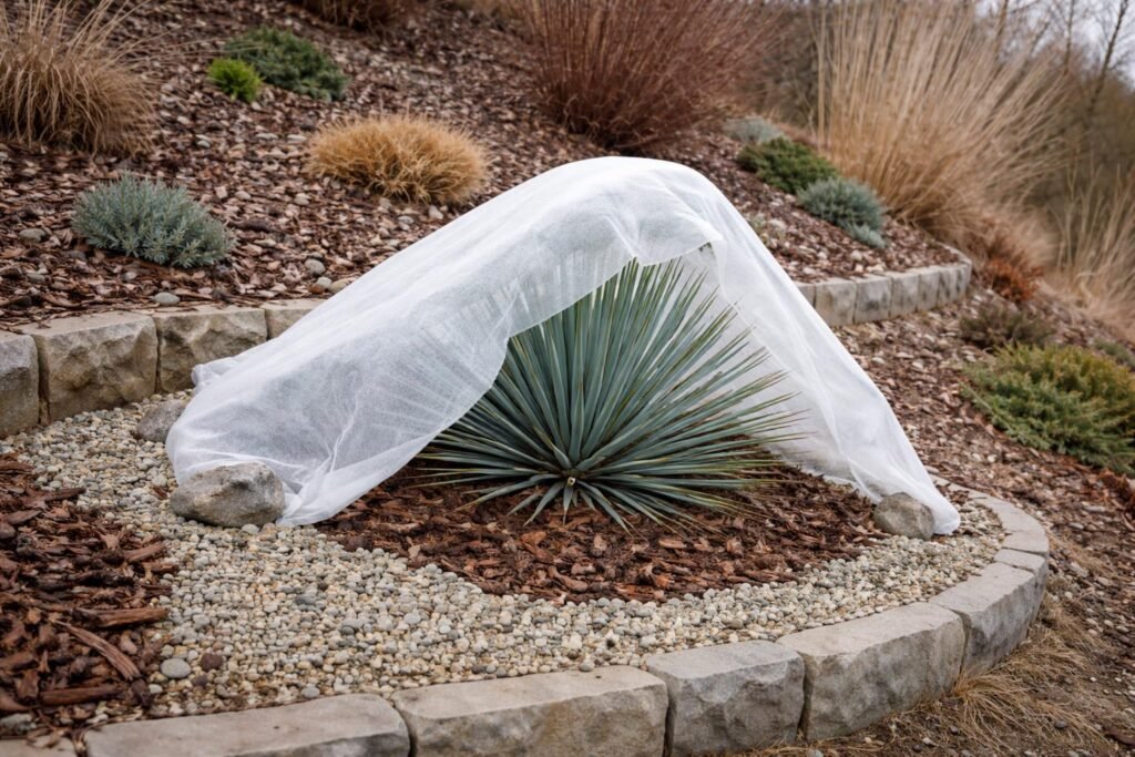 Yucca baccata im Winterschutz, trockene Blätter, Schutz vor Winternässe und Frost.