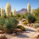 Seifen-Palmlilie Yucca elata in sonnigem Beet, skulpturale Blätter und weiße Blütenstände im Hintergrund.