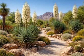 Seifen-Palmlilie Yucca elata in sonnigem Beet, skulpturale Blätter und weiße Blütenstände im Hintergrund.